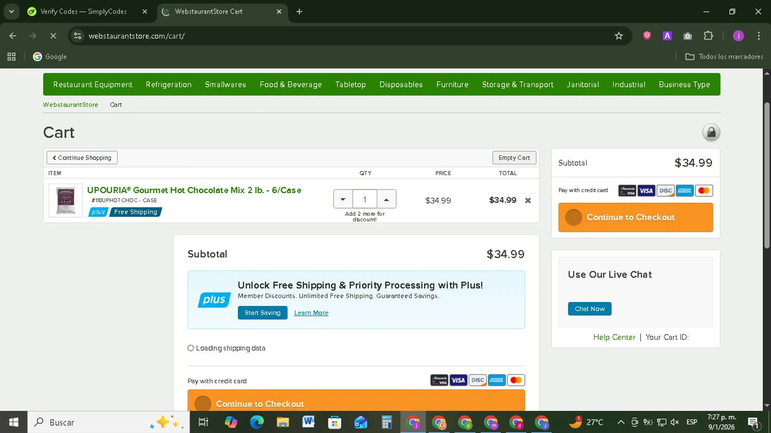 Webstaurant Store promo code screenshot showing code GOODGRAIN applied at Webstaurant Store checkout page. Uploaded by SimplyCodes community member Tazbravo on Jan 9, 2026