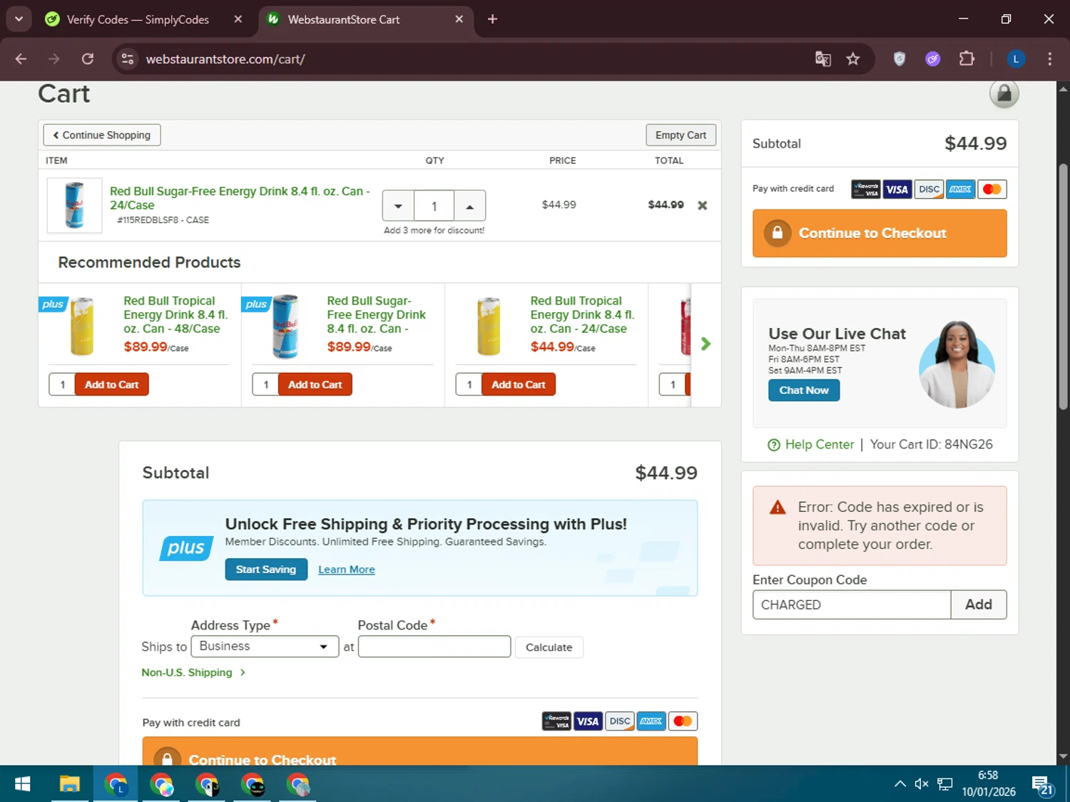 Webstaurant Store promo code screenshot showing code CHARGED applied at Webstaurant Store checkout page. Uploaded by SimplyCodes community member LegendaryLegend5536 on Jan 10, 2026