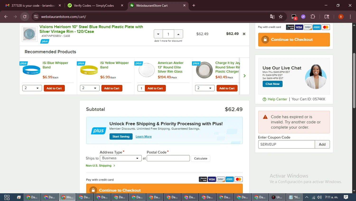 Webstaurant Store promo code screenshot showing code SERVEUP applied at Webstaurant Store checkout page. Uploaded by SimplyCodes community member DiscountExpert6435 on Feb 19, 2026