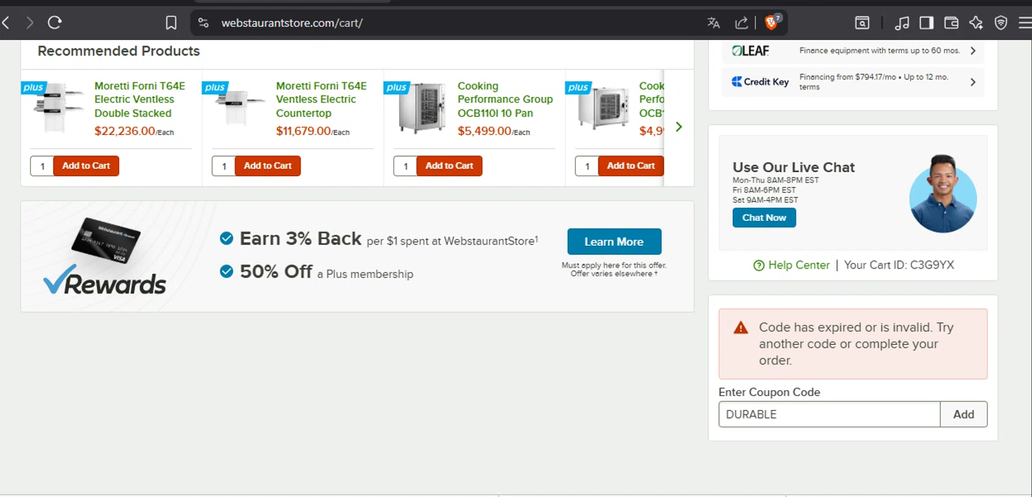 Webstaurant Store promo code screenshot showing code DURABLE applied at Webstaurant Store checkout page. Uploaded by SimplyCodes community member leiraM on Feb 8, 2026
