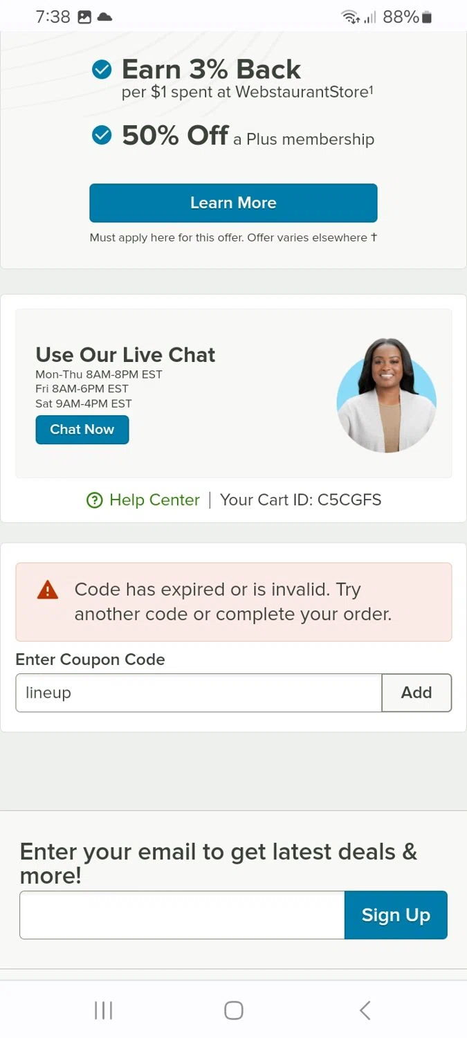 Webstaurant Store promo code screenshot showing code lineup applied at Webstaurant Store checkout page. Uploaded by SimplyCodes community member ScanMaverick9378 on Feb 21, 2026