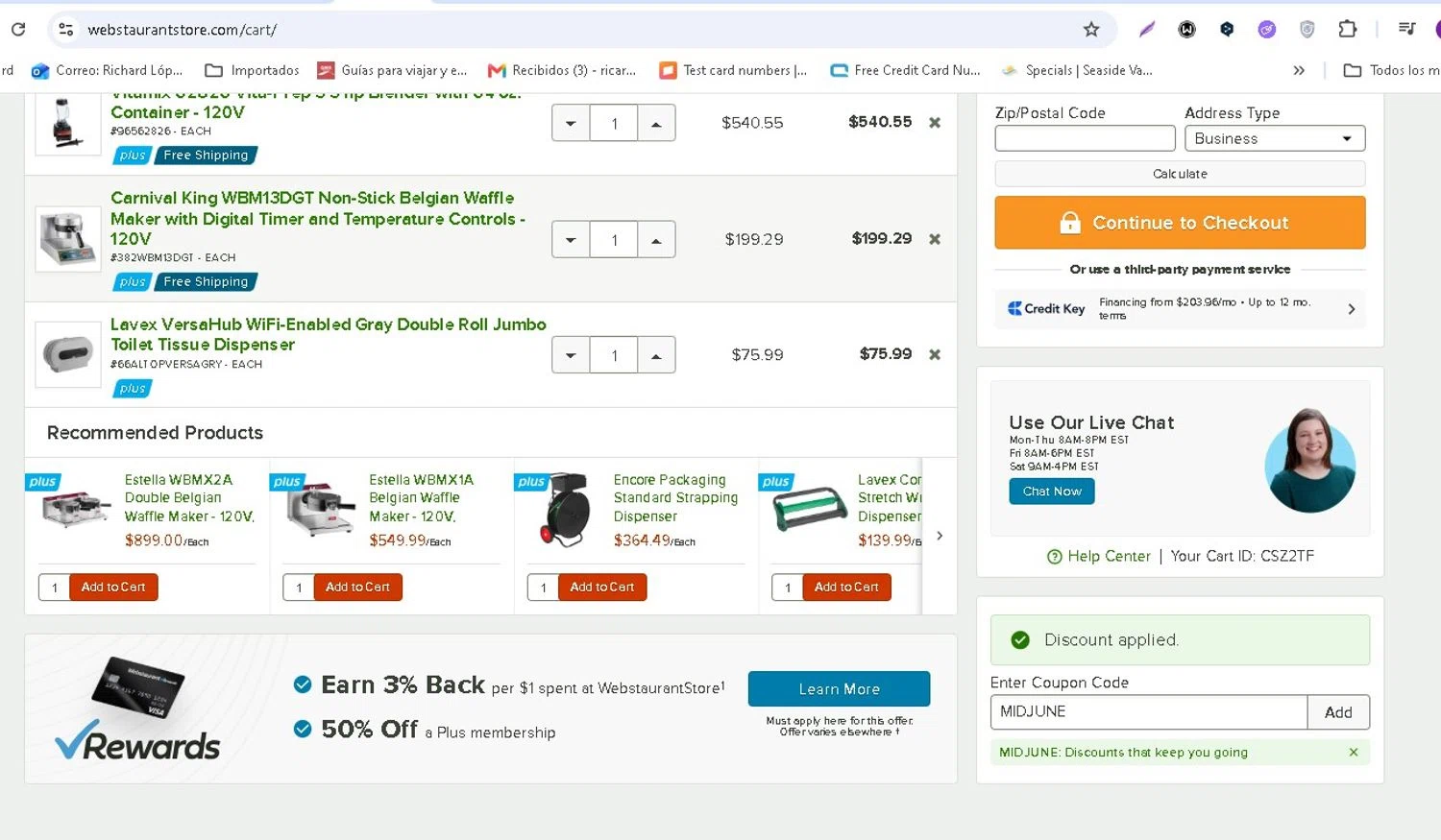 Webstaurant Store promo code screenshot showing code MIDJUNE applied at Webstaurant Store checkout page. Uploaded by SimplyCodes community member LAMINEJAMAL on Jun 15, 2026