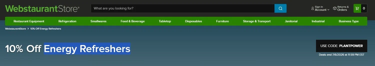 Webstaurant Store promo code screenshot showing code PLANTPOWER applied at Webstaurant Store checkout page. Uploaded by SimplyCodes community member josemiguelaponte on Jun 1, 2026