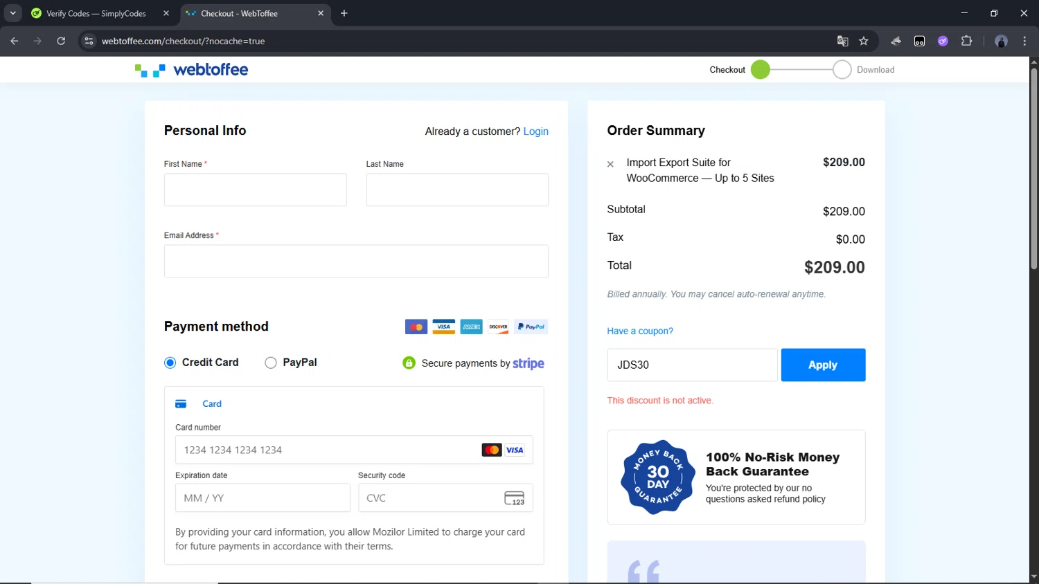 WebToffee checkout page showing WebToffee discount code box | Screenshot taken by SimplyCodes community member on Jul 3, 2025