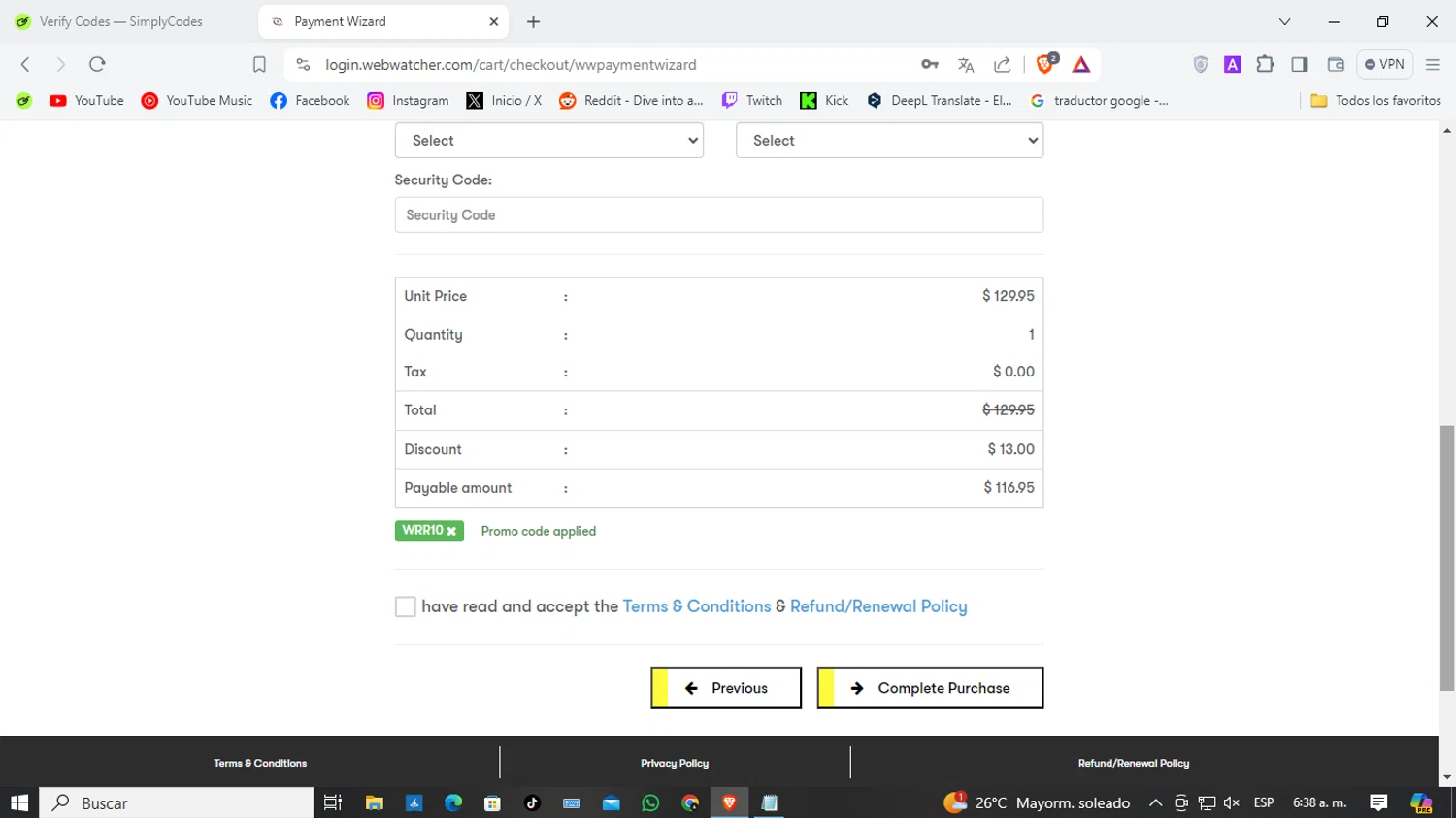 WebWatcher checkout page showing WebWatcher promo code box | Screenshot taken by SimplyCodes community member on May 23, 2024