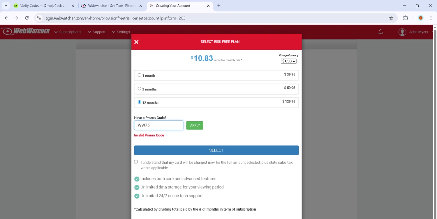 WebWatcher promo code screenshot showing code WW75 applied at WebWatcher checkout page. Uploaded by SimplyCodes community member Estefani4 on Sep 15, 2025