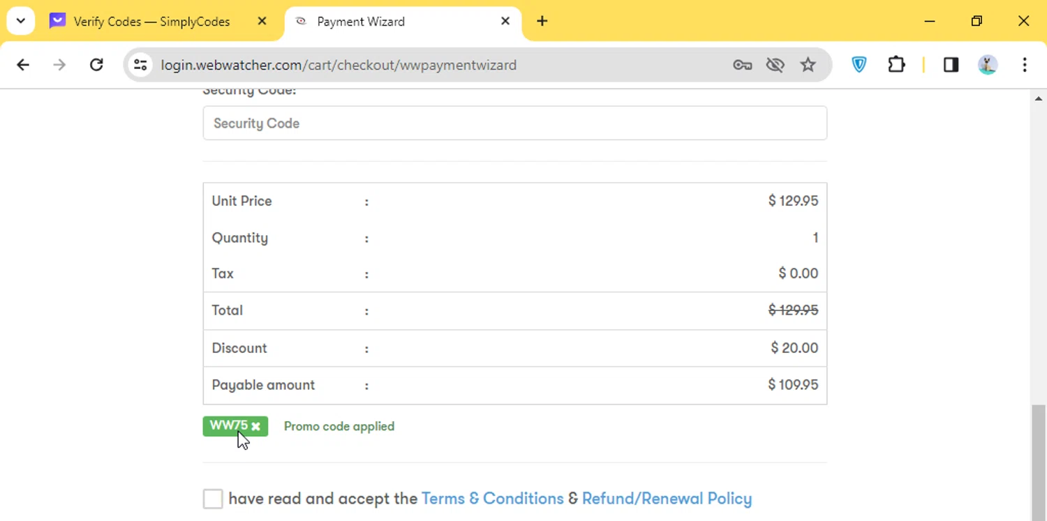 WebWatcher checkout page showing WebWatcher promo code box | Screenshot taken by SimplyCodes community member on Apr 9, 2024