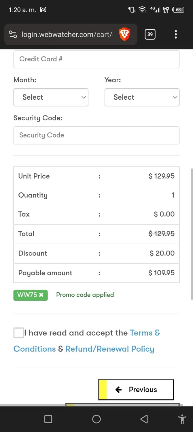 WebWatcher checkout page showing WebWatcher promo code box | Screenshot taken by SimplyCodes community member on Dec 25, 2023