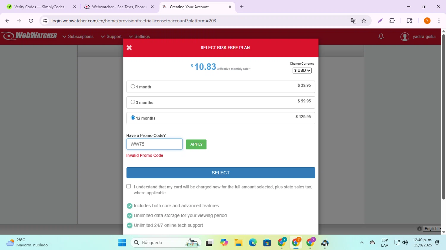 WebWatcher promo code screenshot showing code WW75 applied at WebWatcher checkout page. Uploaded by SimplyCodes community member ycg487 on Sep 15, 2025