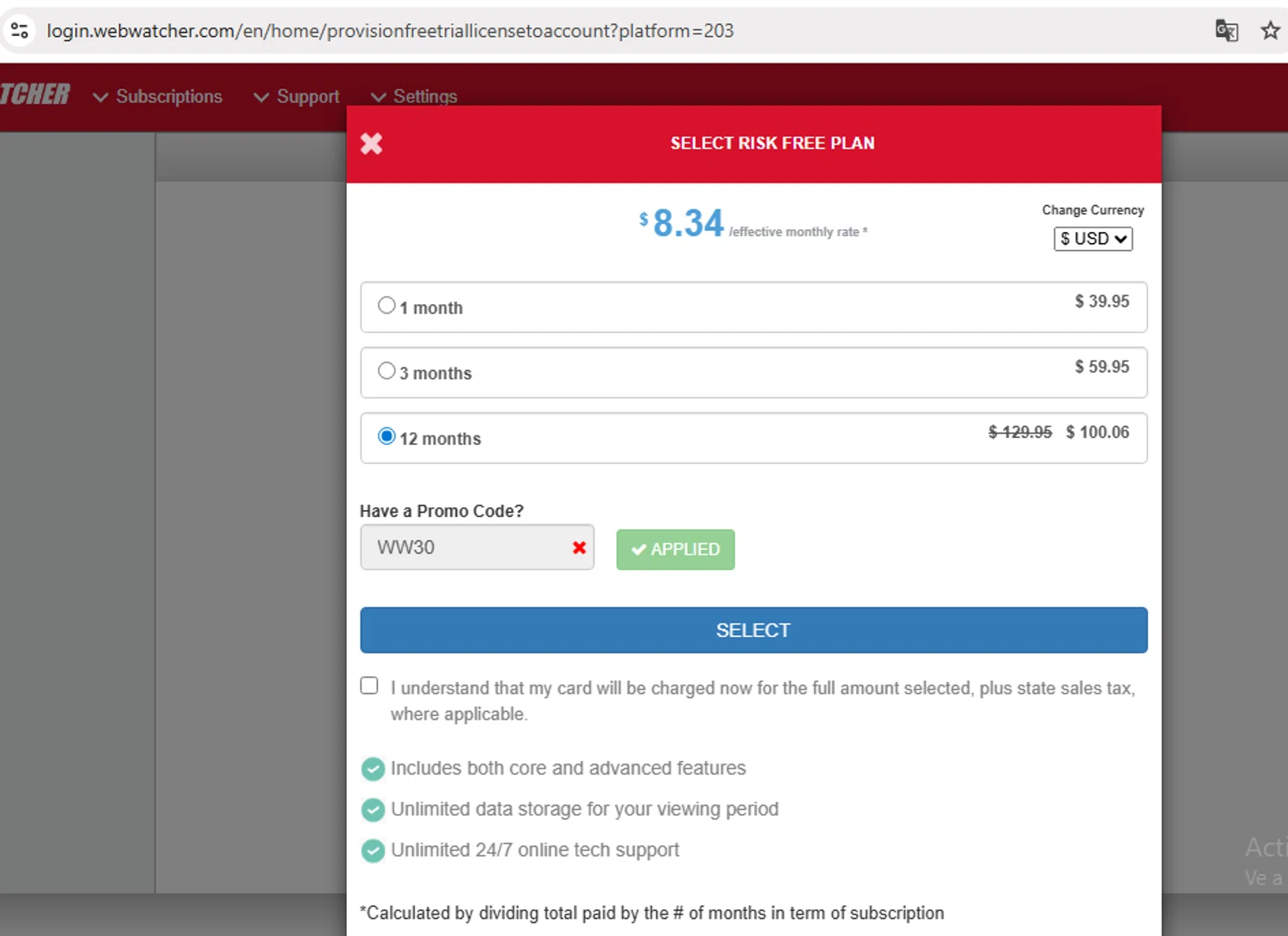 WebWatcher promo code screenshot showing code WW30 applied at WebWatcher checkout page. Uploaded by SimplyCodes community member Xiomr78 on Sep 24, 2025