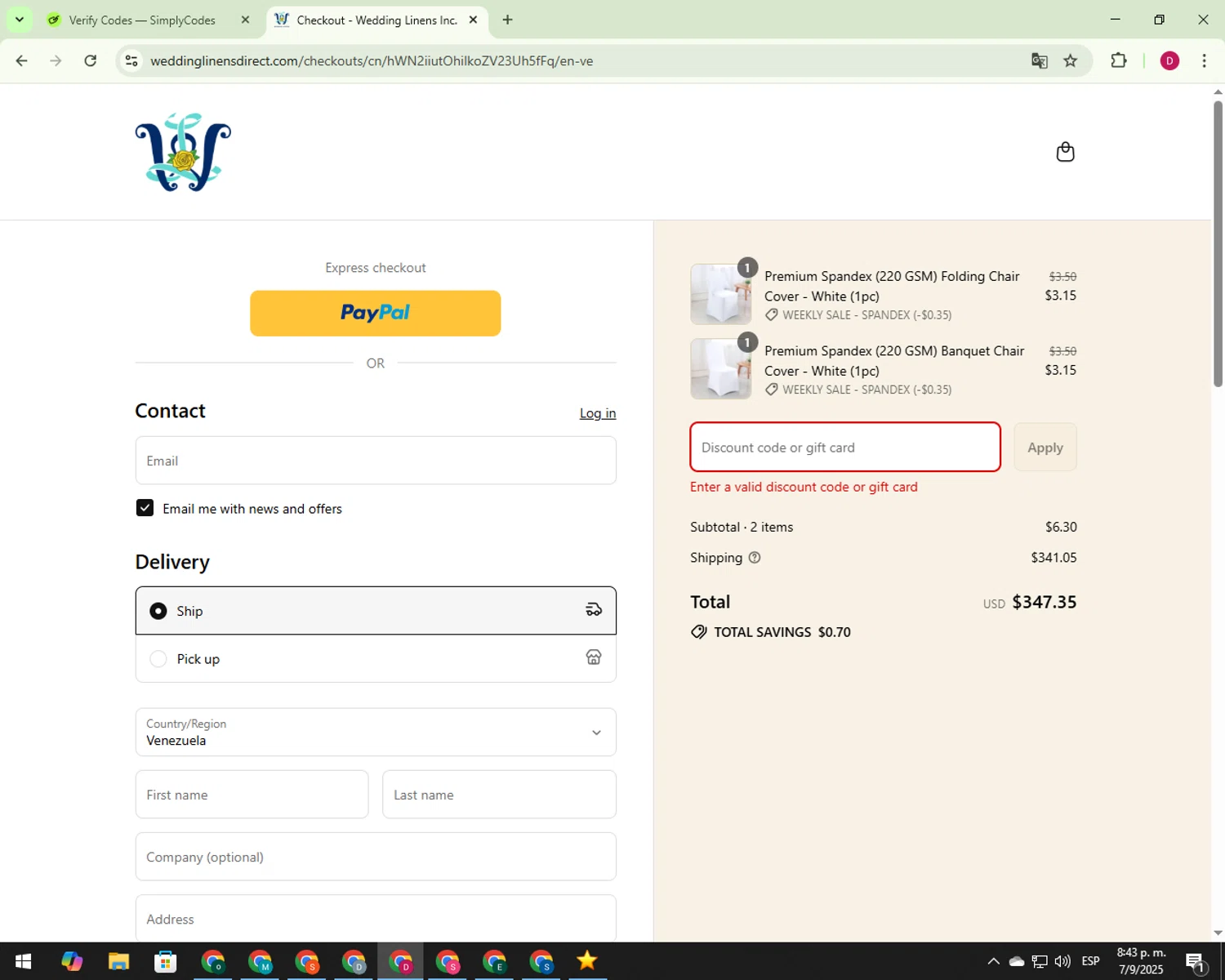 Wedding Linens Direct promo code screenshot showing code laborday applied at Wedding Linens Direct checkout page. Uploaded by SimplyCodes community member 000012 on Sep 8, 2025