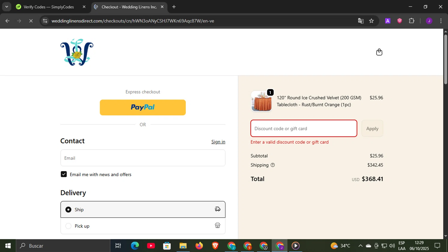 Wedding Linens Direct promo code screenshot showing code AUTUMN applied at Wedding Linens Direct checkout page. Uploaded by SimplyCodes community member DiscountLegend6670 on Oct 6, 2025