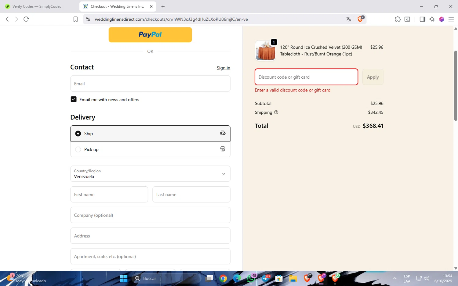 Wedding Linens Direct promo code screenshot showing code AUTUMN applied at Wedding Linens Direct checkout page. Uploaded by SimplyCodes community member JavinhoSantos on Oct 6, 2025