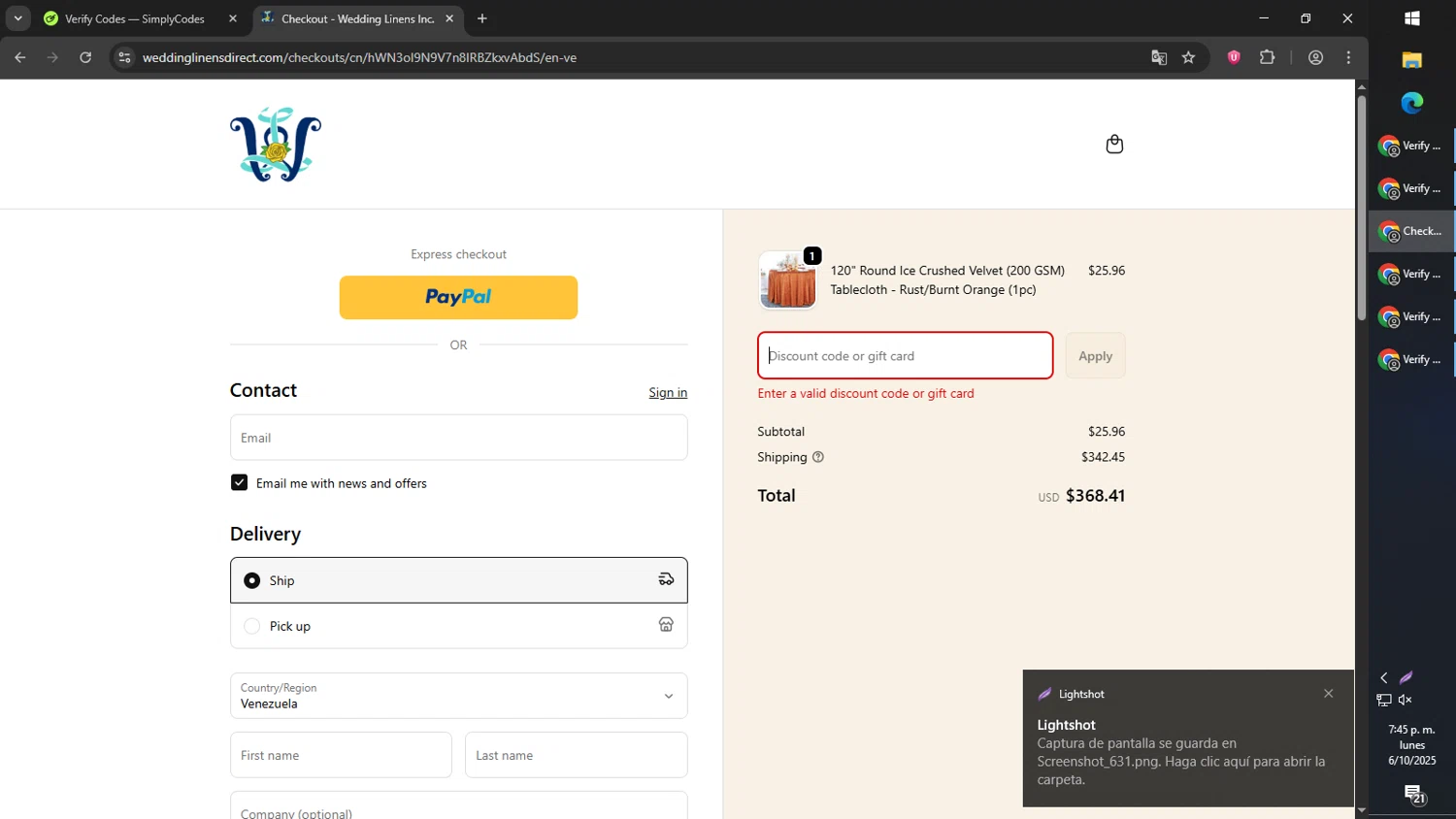 Wedding Linens Direct promo code screenshot showing code AUTUMN applied at Wedding Linens Direct checkout page. Uploaded by SimplyCodes community member PromoScout8746 on Oct 6, 2025