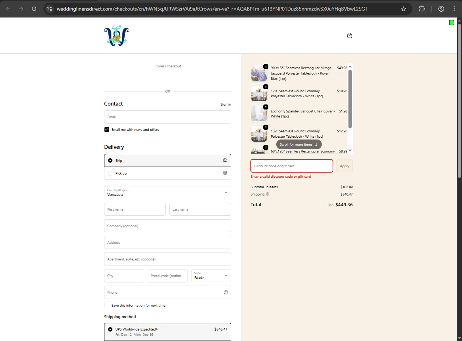 Wedding Linens Direct promo code screenshot showing code THANKS applied at Wedding Linens Direct checkout page. Uploaded by SimplyCodes community member 61664350 on Nov 29, 2025