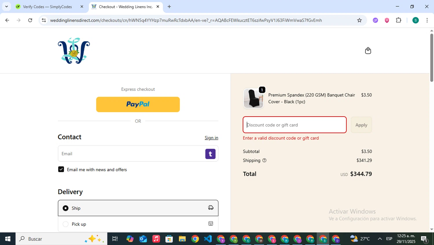 Wedding Linens Direct promo code screenshot showing code THANKS applied at Wedding Linens Direct checkout page. Uploaded by SimplyCodes community member VictoriousPilot5281 on Nov 29, 2025