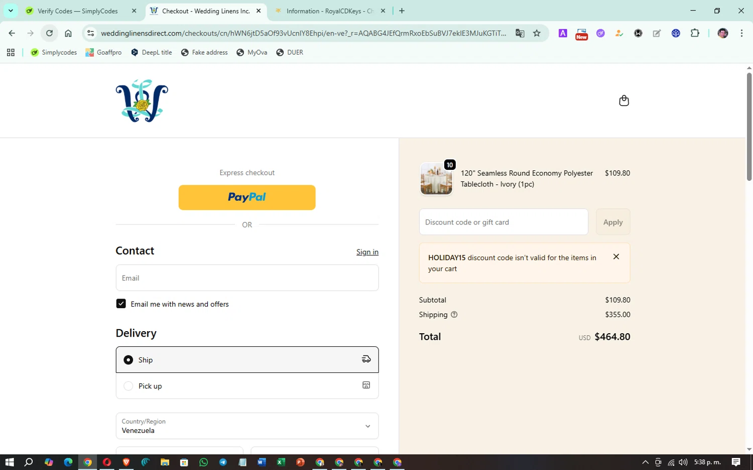 Wedding Linens Direct promo code screenshot showing code HOLIDAY15 applied at Wedding Linens Direct checkout page. Uploaded by SimplyCodes community member Atlanta on Dec 22, 2025