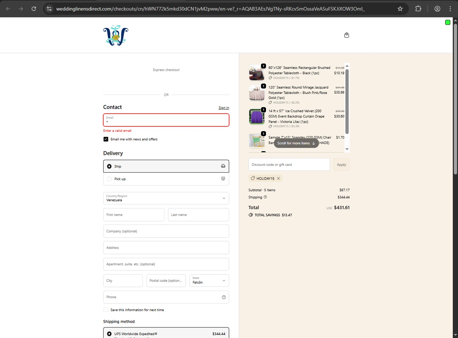 Wedding Linens Direct checkout page showing Wedding Linens Direct promo code box | Screenshot taken by SimplyCodes community member on Jan 1, 2026