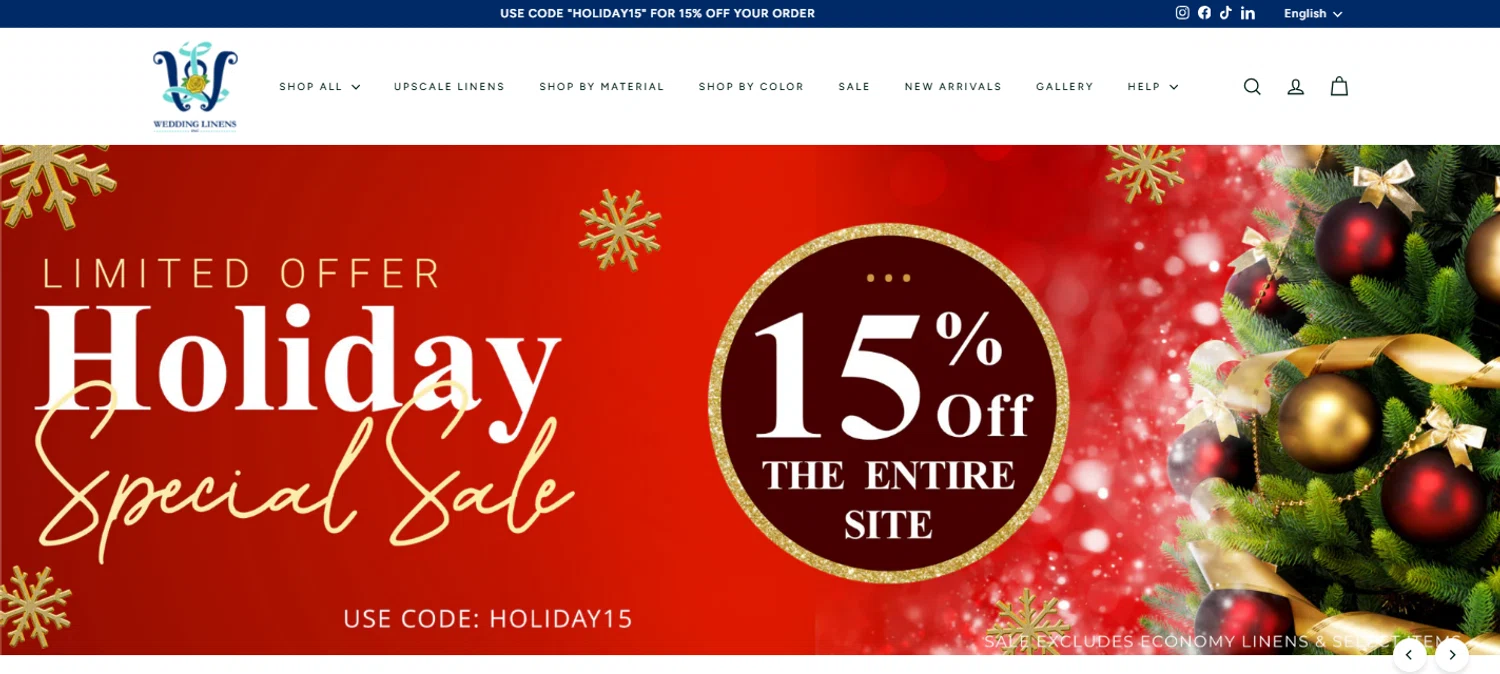 Wedding Linens Direct promo code screenshot showing code HOLIDAY15 applied at Wedding Linens Direct checkout page. Uploaded by SimplyCodes community member OnlywM on Dec 15, 2025