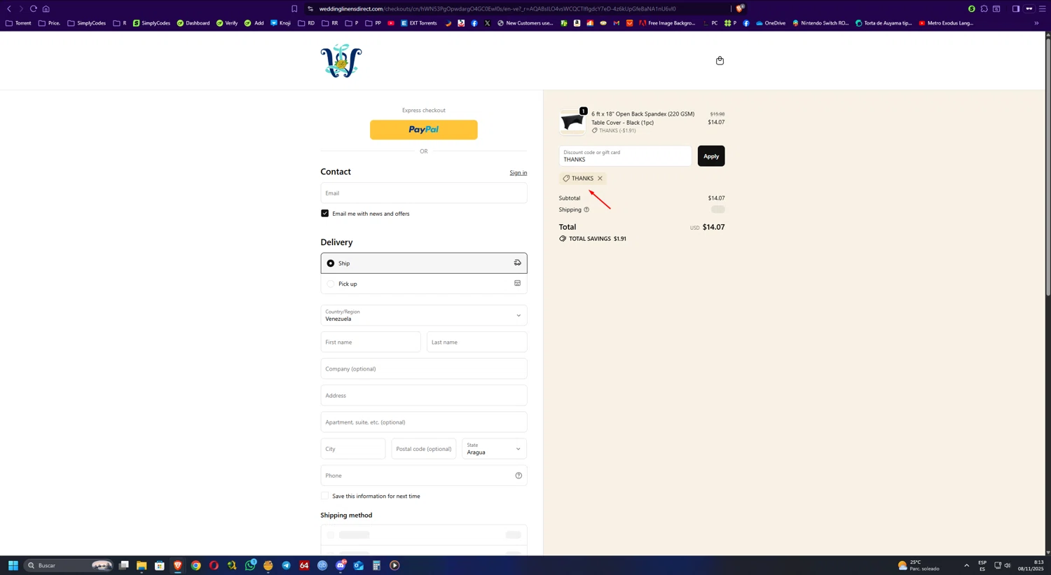 Wedding Linens Direct promo code screenshot showing code THANKS applied at Wedding Linens Direct checkout page. Uploaded by SimplyCodes community member UnkNownVnzla on Nov 8, 2025