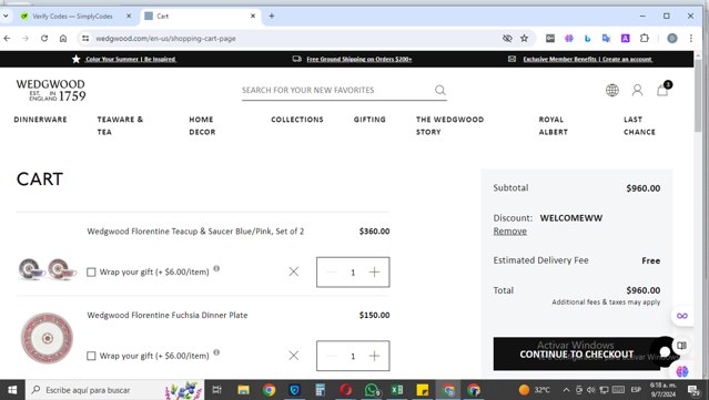 Wedgwood checkout page showing Wedgwood promo code box | Screenshot taken by SimplyCodes community member on Jul 9, 2024