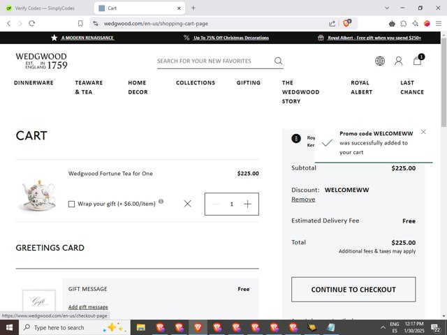 Wedgwood checkout page showing Wedgwood promo code box | Screenshot taken by SimplyCodes community member on Jan 30, 2025