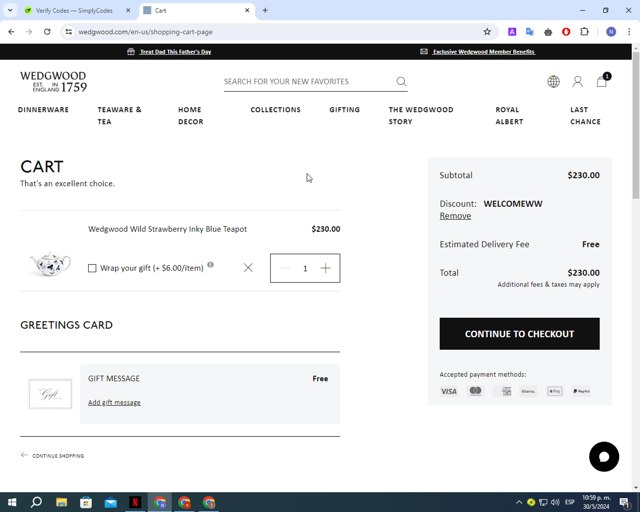 Wedgwood checkout page showing Wedgwood promo code box | Screenshot taken by SimplyCodes community member on May 31, 2024