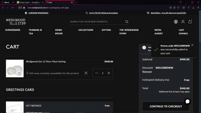 Wedgwood checkout page showing Wedgwood promo code box | Screenshot taken by SimplyCodes community member on Jan 30, 2025