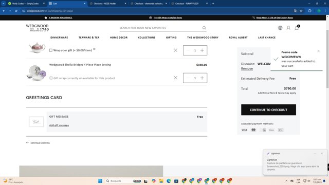 Wedgwood checkout page showing Wedgwood promo code box | Screenshot taken by SimplyCodes community member on Feb 7, 2025