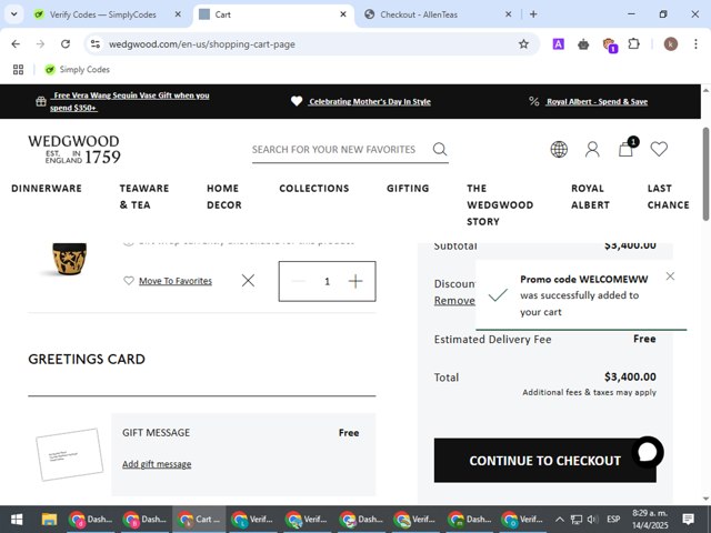 Wedgwood checkout page showing Wedgwood promo code box | Screenshot taken by SimplyCodes community member on Apr 14, 2025