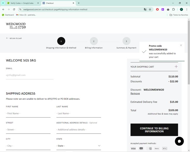 Wedgwood checkout page showing Wedgwood promo code box | Screenshot taken by SimplyCodes community member on Aug 7, 2024