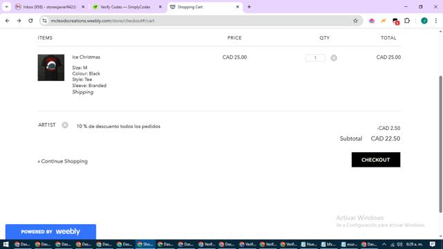 Weebly checkout page showing Weebly promo code box | Screenshot taken by SimplyCodes community member on Apr 26, 2025