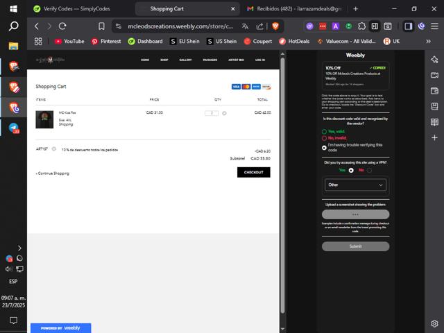 Weebly checkout page showing Weebly promo code box | Screenshot taken by SimplyCodes community member on Jul 23, 2025