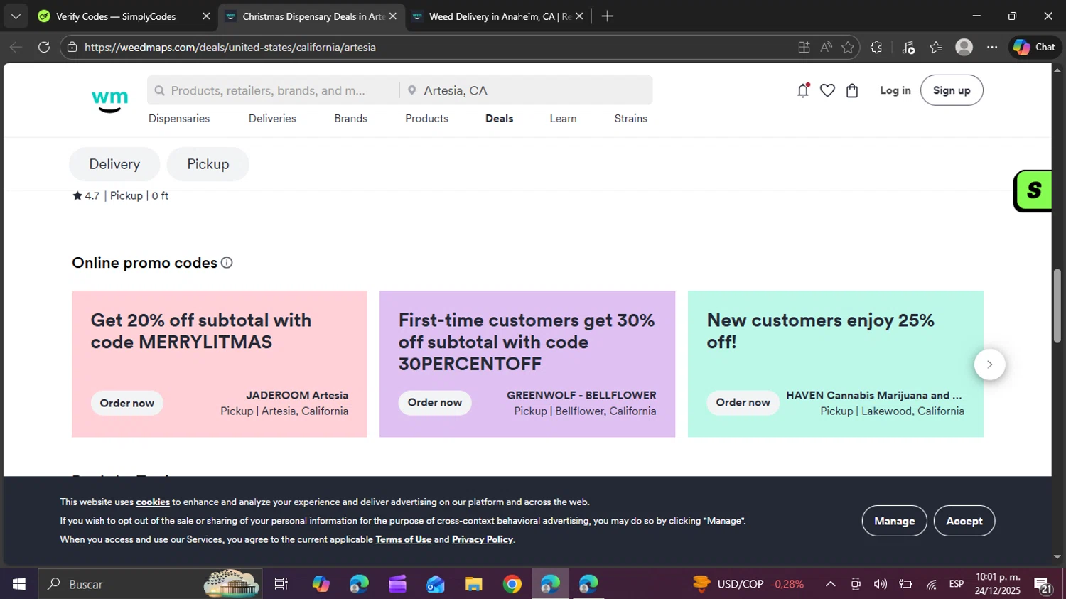 Weedmaps promo code screenshot showing code MERRYLITMAS applied at Weedmaps checkout page. Uploaded by SimplyCodes community member swiftie on Dec 25, 2025