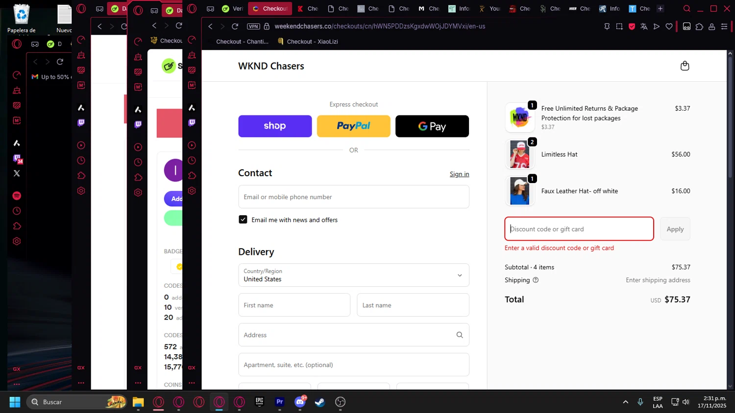 WKND Chasers coupon code screenshot showing code PEYTON applied at WKND Chasers checkout page. Uploaded by SimplyCodes community member Halanweik on Nov 17, 2025