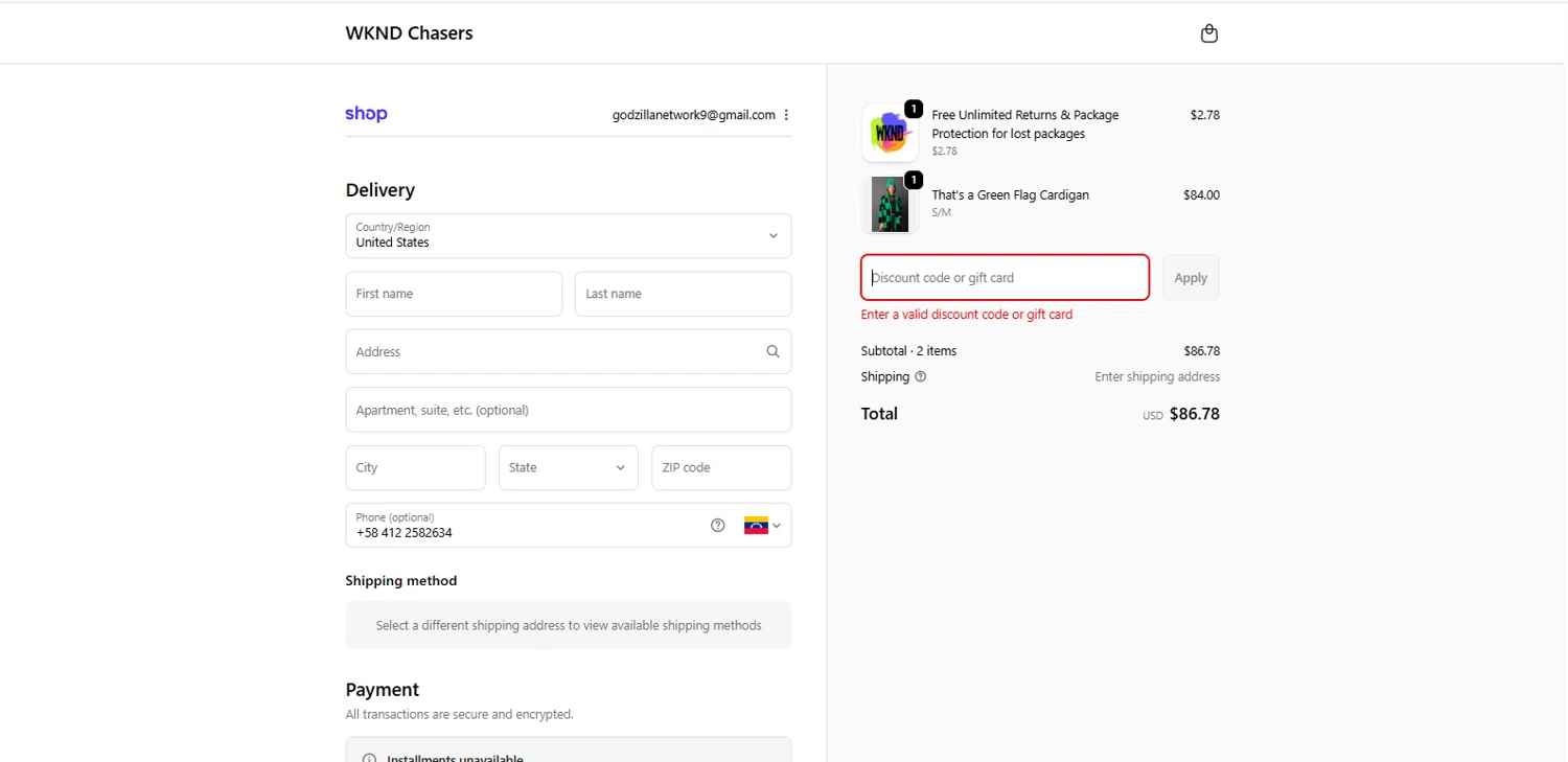 WKND Chasers coupon code screenshot showing code PEYTON applied at WKND Chasers checkout page. Uploaded by SimplyCodes community member dimitriv on Nov 17, 2025