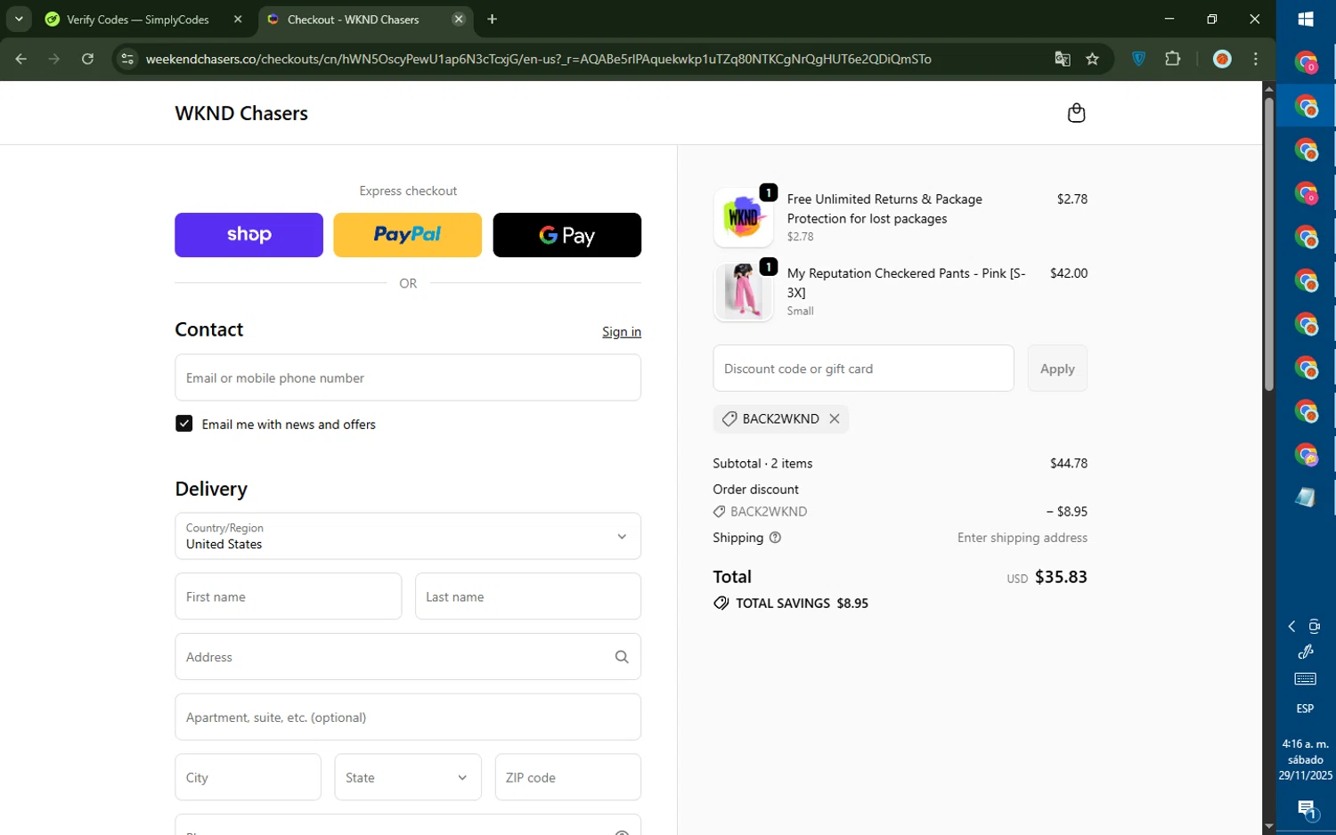 WKND Chasers coupon code screenshot showing code BACK2WKND applied at WKND Chasers checkout page. Uploaded by SimplyCodes community member DealTiger9869 on Nov 29, 2025