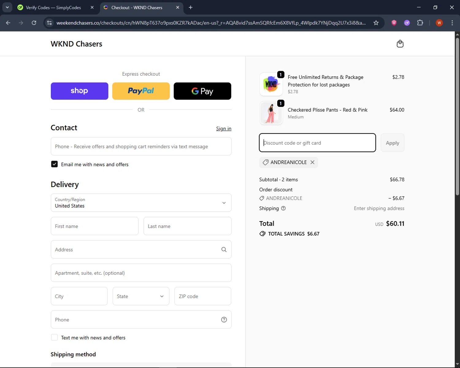 WKND Chasers checkout page showing WKND Chasers coupon code box | Screenshot taken by SimplyCodes community member on Feb 15, 2026