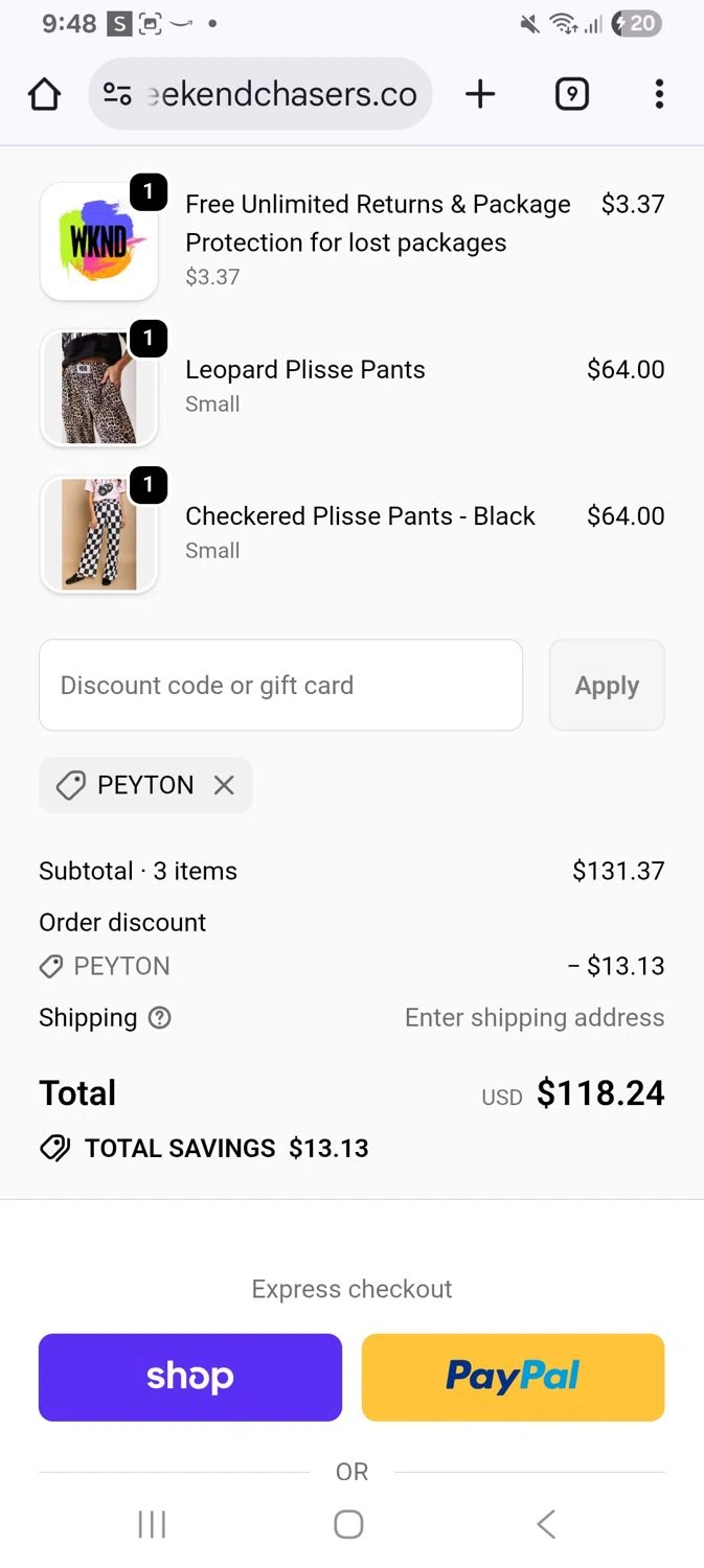 WKND Chasers coupon code screenshot showing code Peyton applied at WKND Chasers checkout page. Uploaded by SimplyCodes community member KarinaHZ on Dec 23, 2025