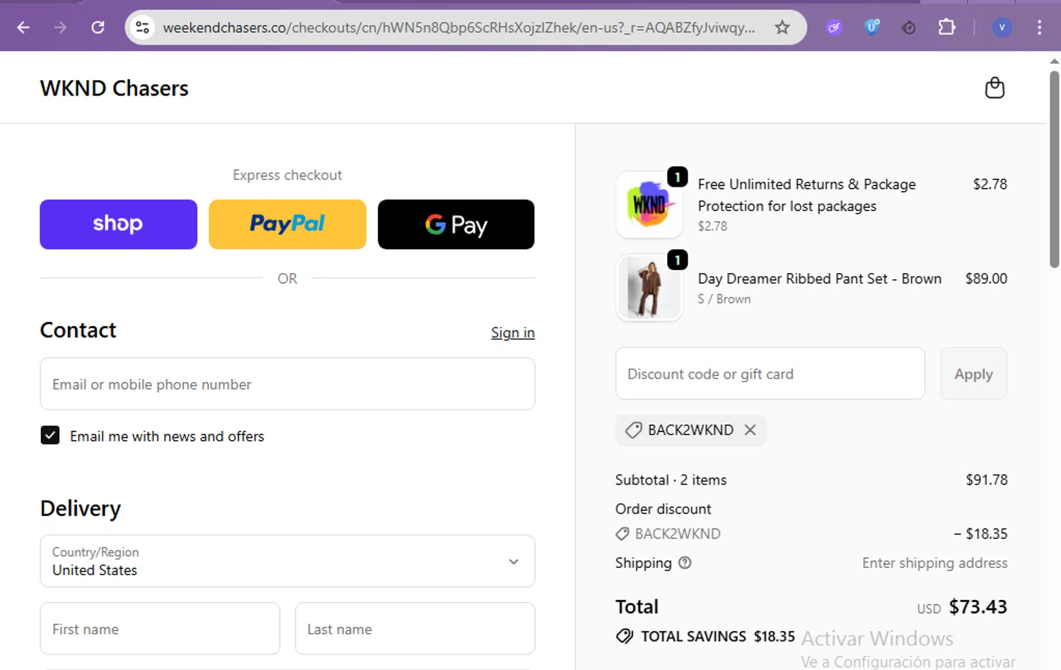 WKND Chasers coupon code screenshot showing code BACK2WKND applied at WKND Chasers checkout page. Uploaded by SimplyCodes community member beatrizcastillo on Nov 29, 2025