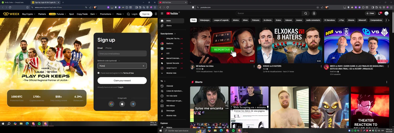 WEEX promo code screenshot showing code 91zno applied at WEEX checkout page. Uploaded by SimplyCodes community member Carlos54 on Feb 20, 2026