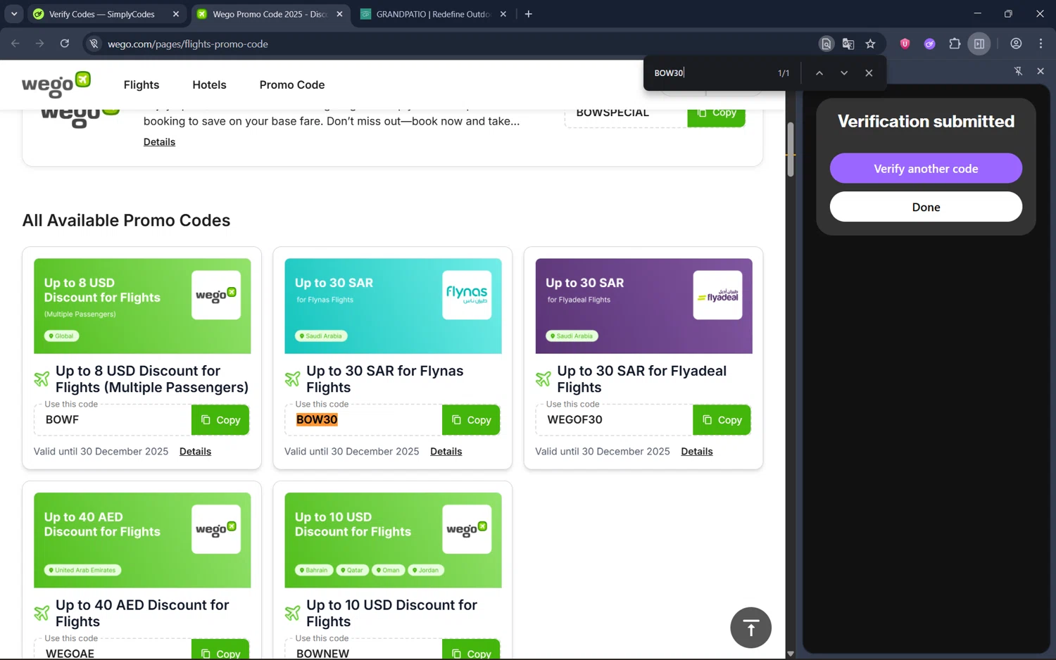 WeGo promo code screenshot showing code BOW30 applied at WeGo checkout page. Uploaded by SimplyCodes community member juan1702 on Sep 7, 2025