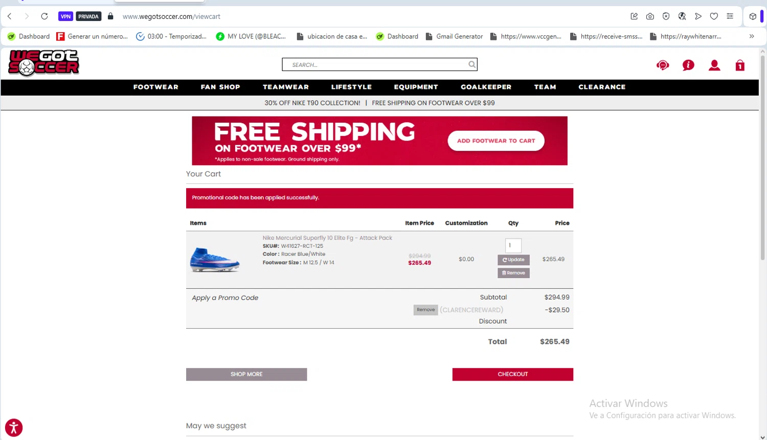 WeGotSoccer checkout page showing WeGotSoccer promo code box | Screenshot taken by SimplyCodes community member on Feb 9, 2026