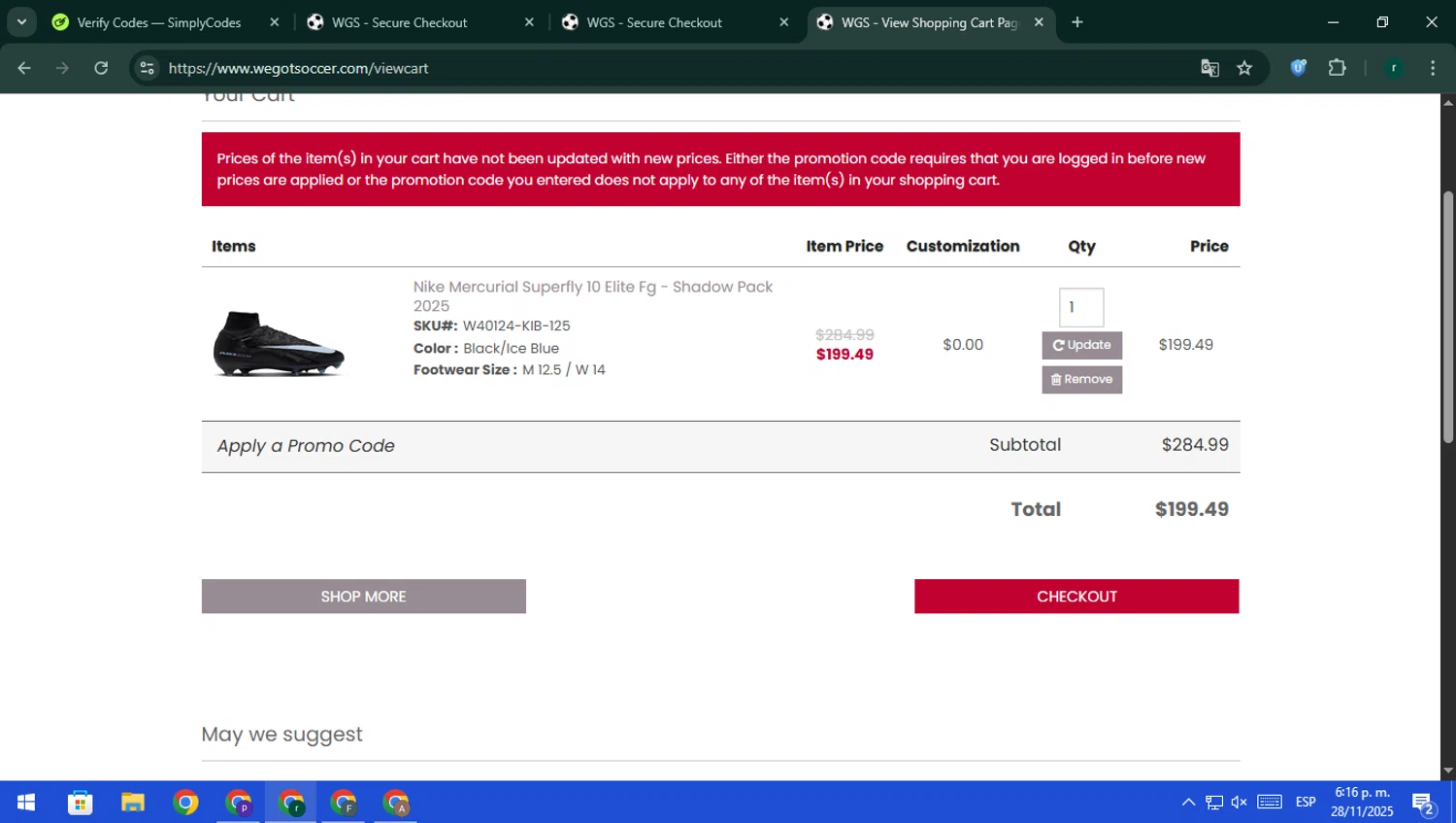 WeGotSoccer promo code screenshot showing code FW2025 applied at WeGotSoccer checkout page. Uploaded by SimplyCodes community member rodri1 on Nov 28, 2025