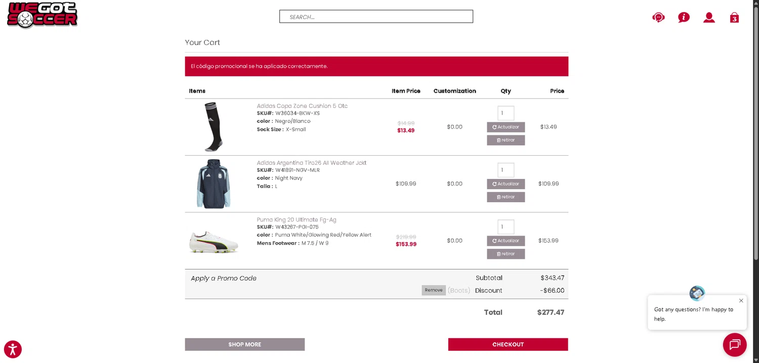 WeGotSoccer promo code screenshot showing code Boots applied at WeGotSoccer checkout page. Uploaded by SimplyCodes community member VictoriousFinder4393 on Feb 12, 2026