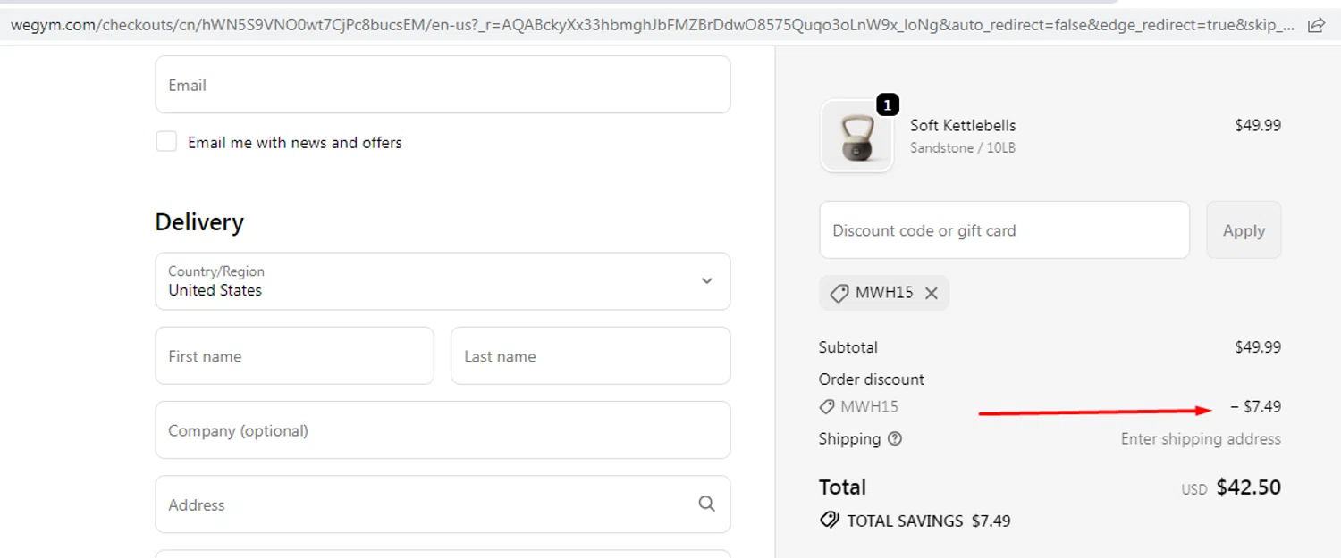WeGym discount code screenshot showing code mwh15 applied at WeGym checkout page. Uploaded by SimplyCodes community member EMILIANOMASABE on Nov 19, 2025