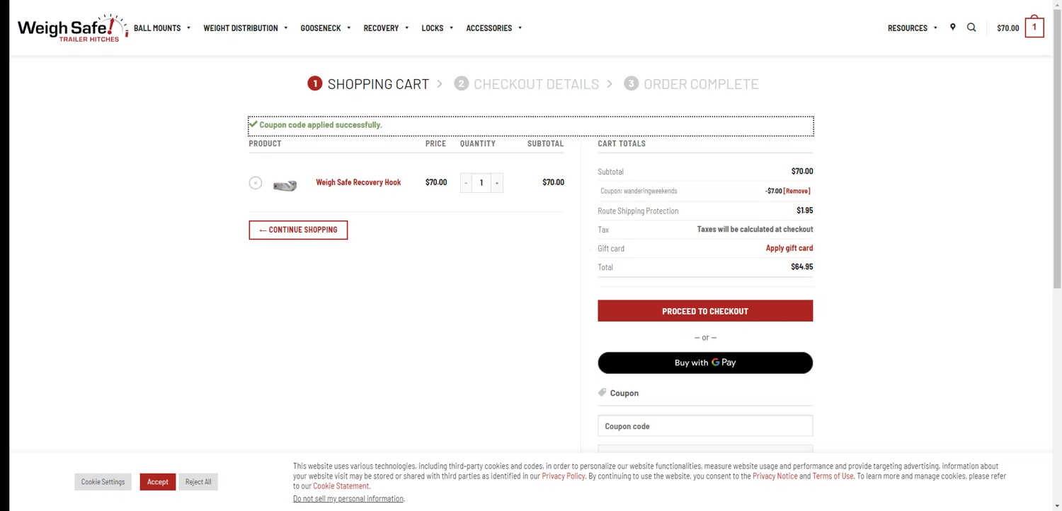 Weigh Safe coupon code screenshot showing code wanderingweekends applied at Weigh Safe checkout page. Uploaded by SimplyCodes community member BrilliantRanger9984 on Aug 13, 2025