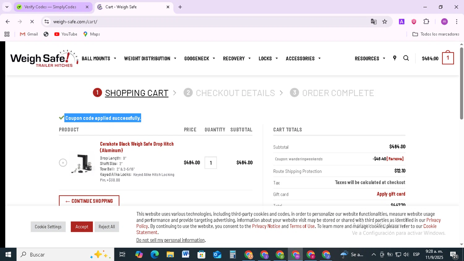 Weigh Safe coupon code screenshot showing code wanderingweekends applied at Weigh Safe checkout page. Uploaded by SimplyCodes community member BudgetMonarch8952 on Sep 11, 2025