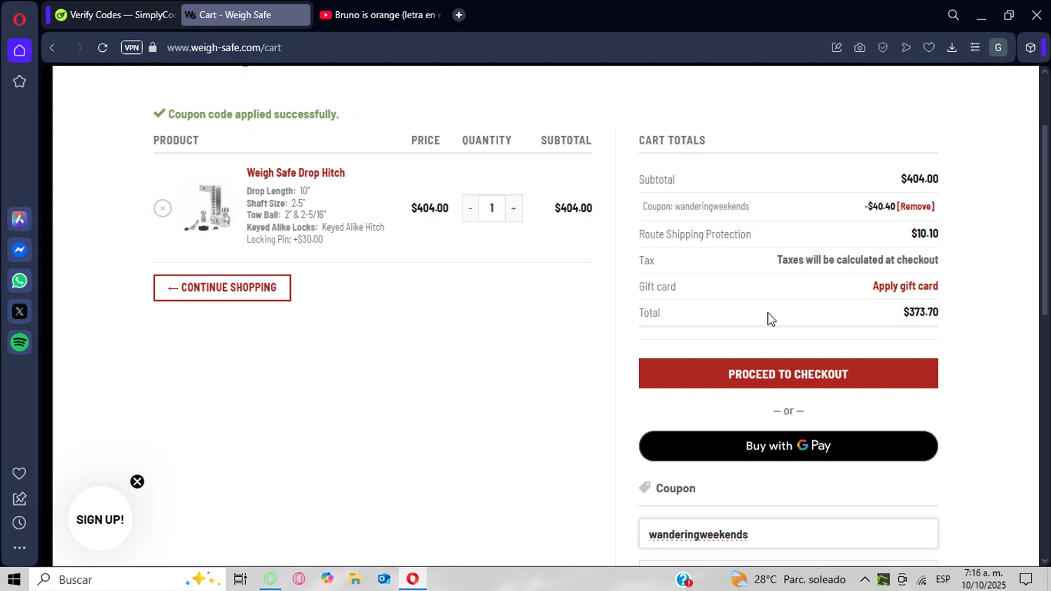 Weigh Safe coupon code screenshot showing code wanderingweekends applied at Weigh Safe checkout page. Uploaded by SimplyCodes community member CrownWizard8571 on Oct 10, 2025