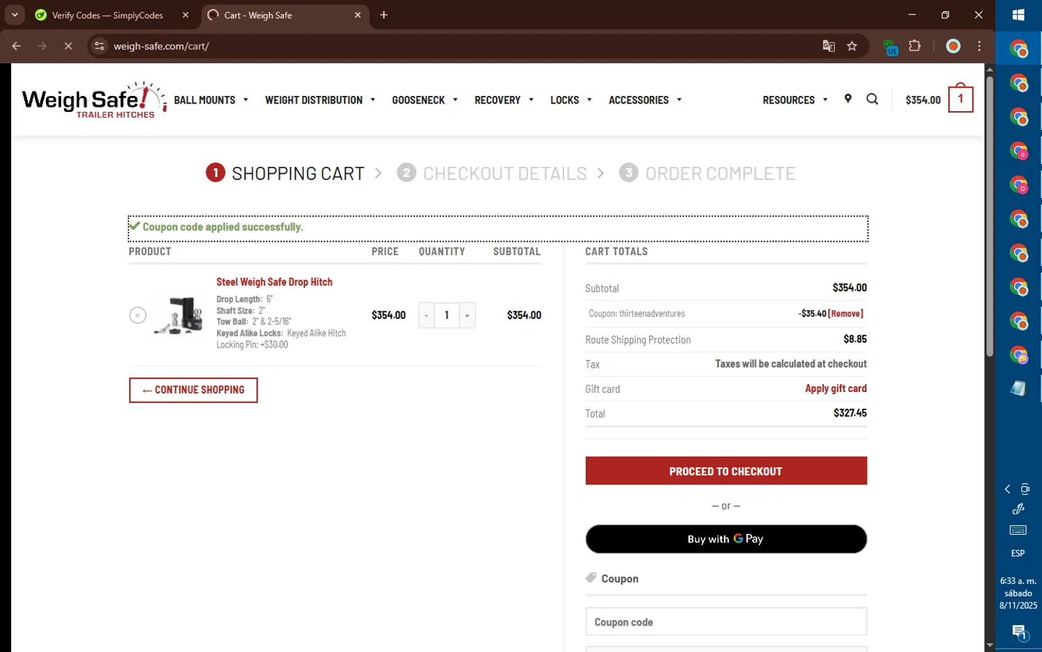 Weigh Safe checkout page showing Weigh Safe coupon code box | Screenshot taken by SimplyCodes community member on Nov 8, 2025